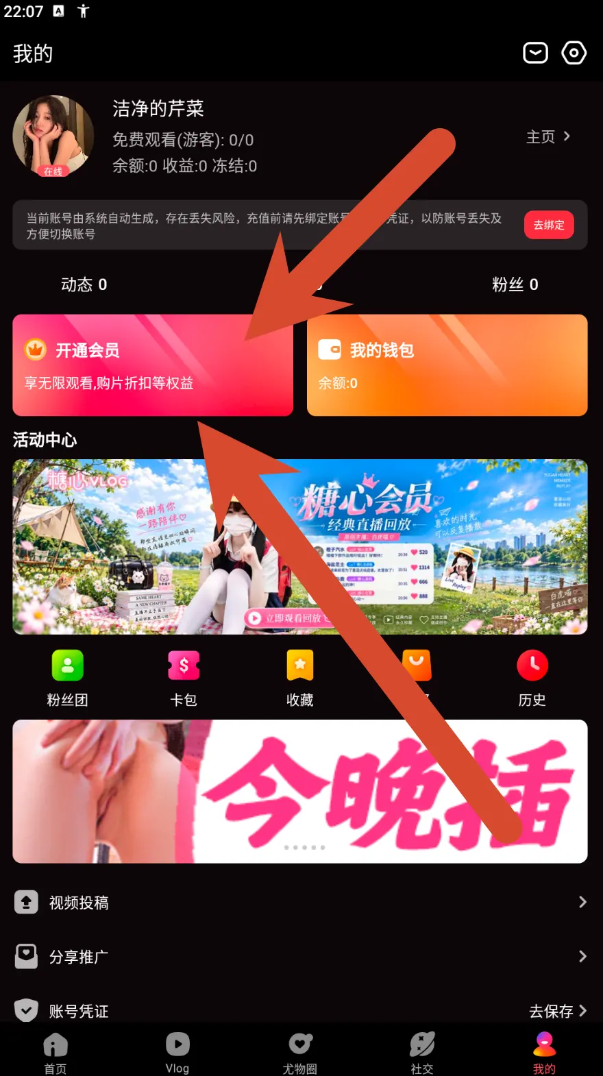 糖心Vlog个人中心会员与钱包界面示例